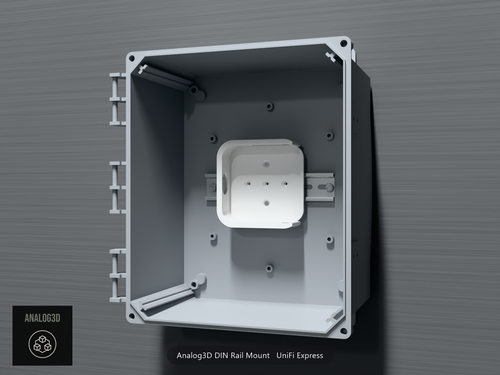 Analog3D DIN rail mount for the UniFi Express clipped to a DIN rail inside a PVC enclosure, router removed - White Polycarbonate