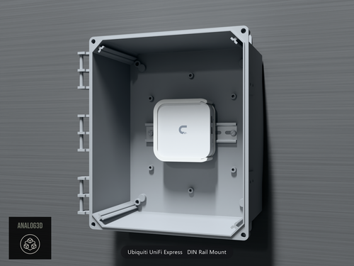 Ubiquiti UniFi Express on its DIN rail mount inside a wall-mounted PVC enclosure - White Polycarbonate