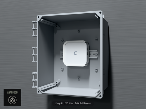 Ubiquiti UXG-Lite on its DIN rail mount inside a wall-mounted PVC enclosure - White Polycarbonate