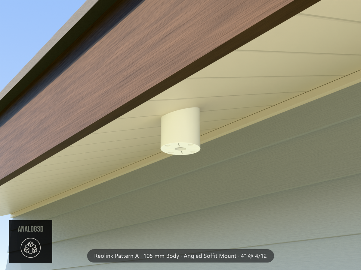 Reolink Pattern A angled soffit mount, 105 mm body, on an angled soffit - installed scene (White PETG, 4 in at 4/12 pitch)