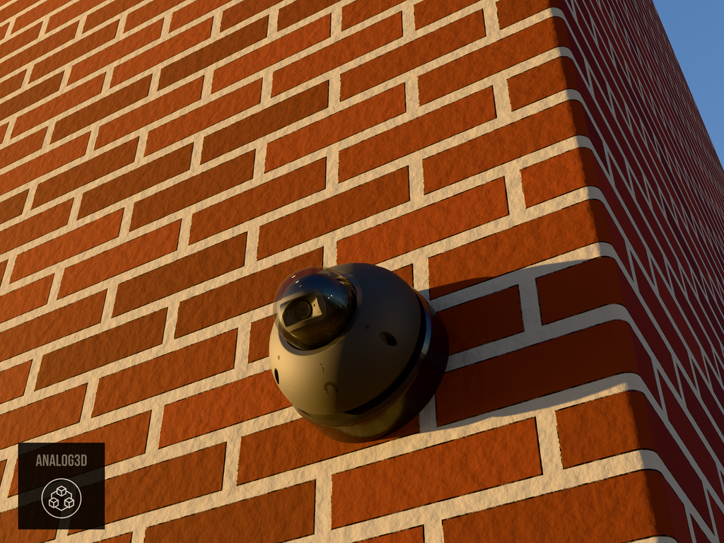 Ubiquiti UVC-G6-Dome black edition on black PETG heavy duty wall-ceiling mount on a brick wall at golden hour