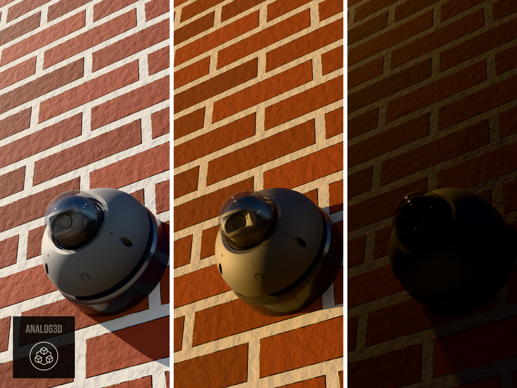 Ubiquiti UVC-G6-Dome on a heavy duty wall-ceiling mount, 1.5 inch extension, black PETG, installed on a brick wall - daylight, golden hour, and night