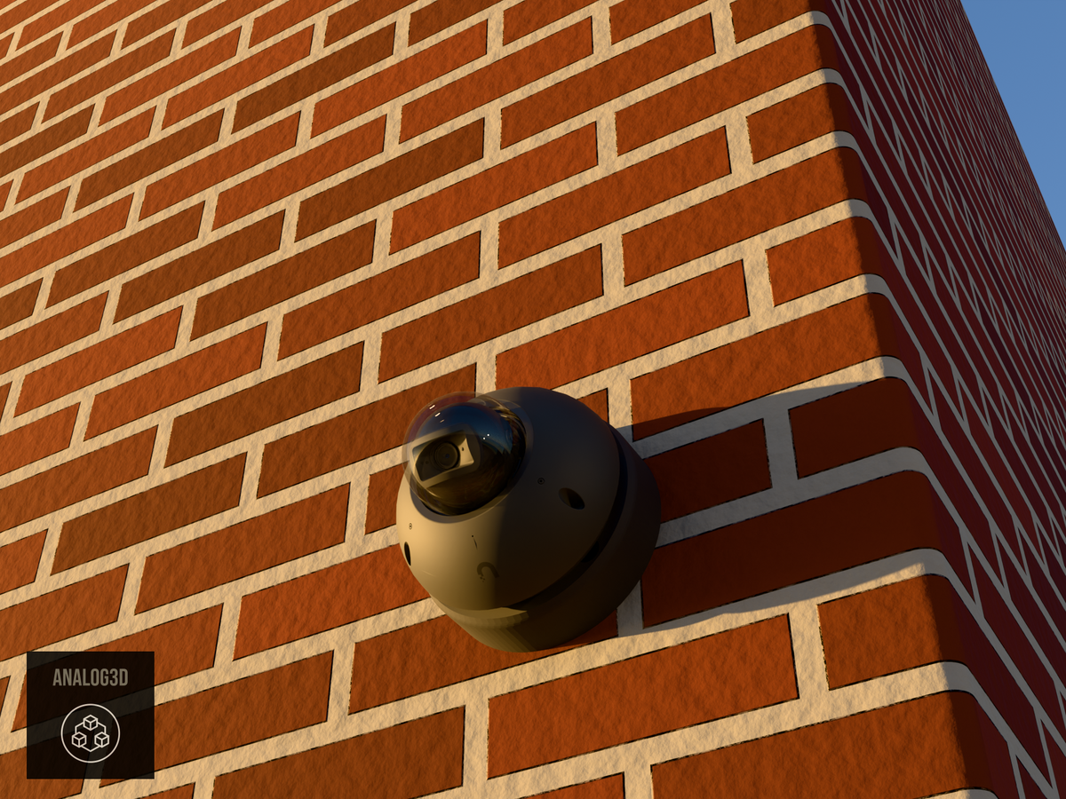 Ubiquiti UVC-G6-Dome black edition on black PETG carbon fiber heavy duty wall-ceiling mount on a brick wall at golden hour