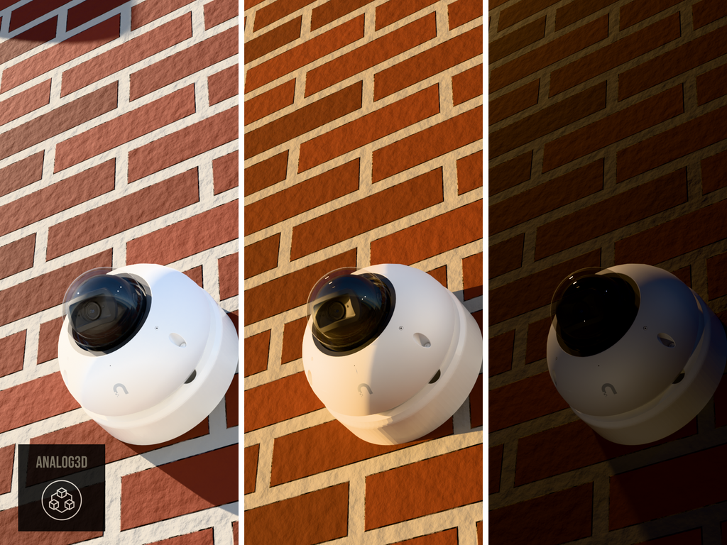 Ubiquiti UVC-G6-Dome on a heavy duty wall-ceiling mount, 1.5 inch extension, white PETG, installed on a brick wall - daylight, golden hour, and night