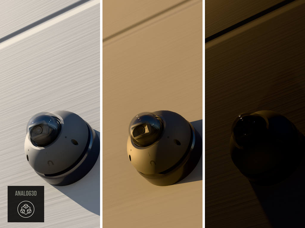 Ubiquiti UVC-G6-Dome on a heavy duty wall-ceiling mount, 1.5 inch extension, black PETG, installed on a concrete wall - daylight, golden hour, and night