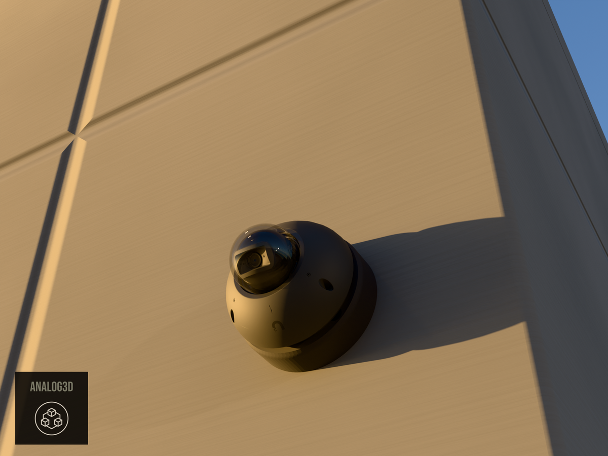 Ubiquiti UVC-G6-Dome black edition on black PETG carbon fiber heavy duty wall-ceiling mount on a concrete wall at golden hour