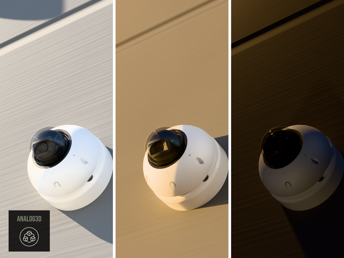 Ubiquiti UVC-G6-Dome on a heavy duty wall-ceiling mount, 1.5 inch extension, white PETG, installed on a concrete wall - daylight, golden hour, and night