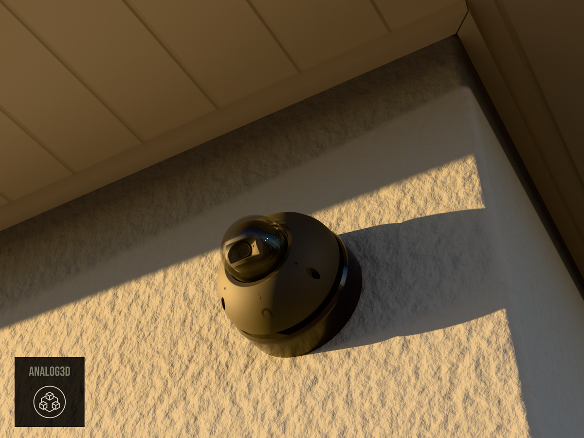 Ubiquiti UVC-G6-Dome black edition on black PETG heavy duty wall-ceiling mount on a stucco wall at golden hour
