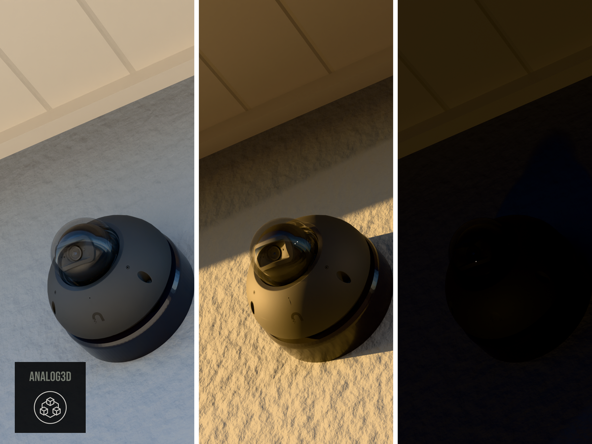 Ubiquiti UVC-G6-Dome on a heavy duty wall-ceiling mount, 1.5 inch extension, black PETG, installed on a stucco wall - daylight, golden hour, and night