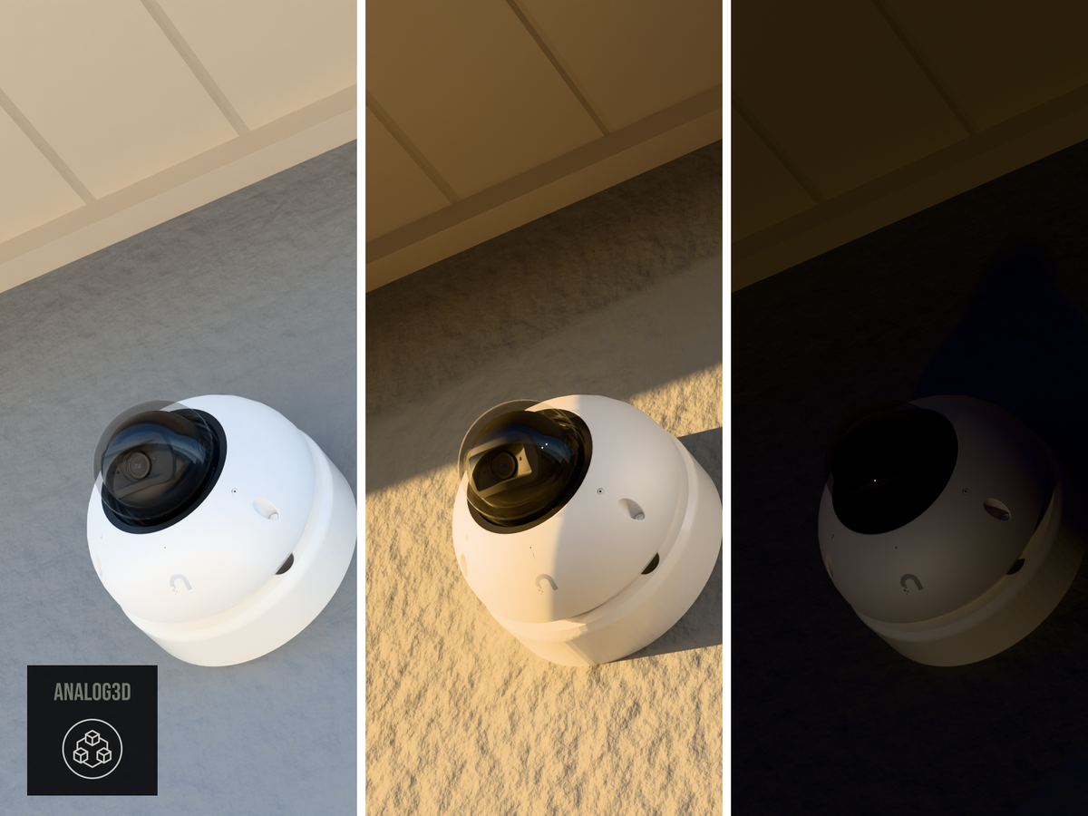 Ubiquiti UVC-G6-Dome on a heavy duty wall-ceiling mount, 1.5 inch extension, white PETG, installed on a stucco wall - daylight, golden hour, and night