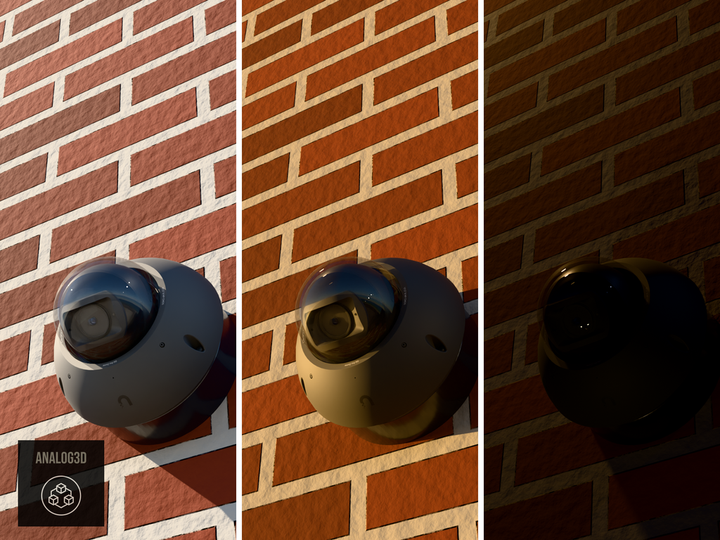 Ubiquiti UVC-G6-Pro-Dome on a heavy duty wall-ceiling mount, 1.5 inch extension, black PETG, installed on a brick wall - daylight, golden hour, and night