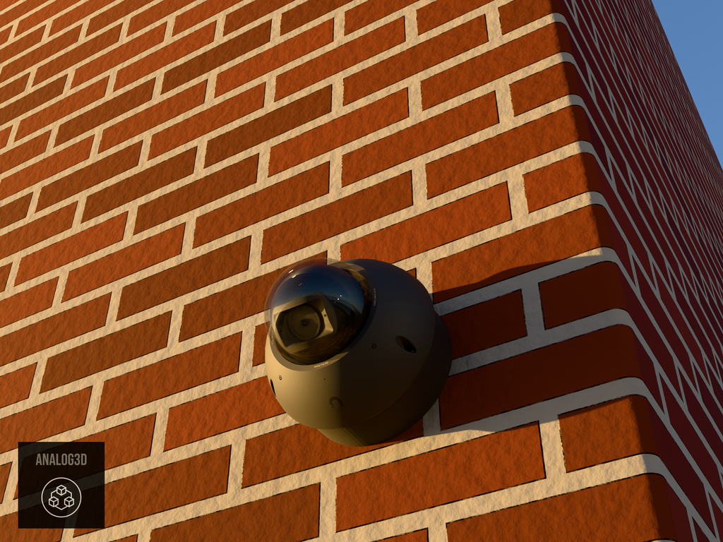 Ubiquiti UVC-G6-Pro-Dome black edition on black PETG carbon fiber heavy duty wall-ceiling mount on a brick wall at golden hour