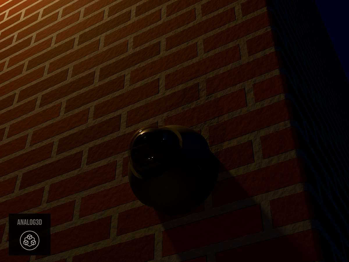 Ubiquiti UVC-G6-Pro-Dome black edition on black PETG carbon fiber heavy duty wall-ceiling mount on a brick wall at night