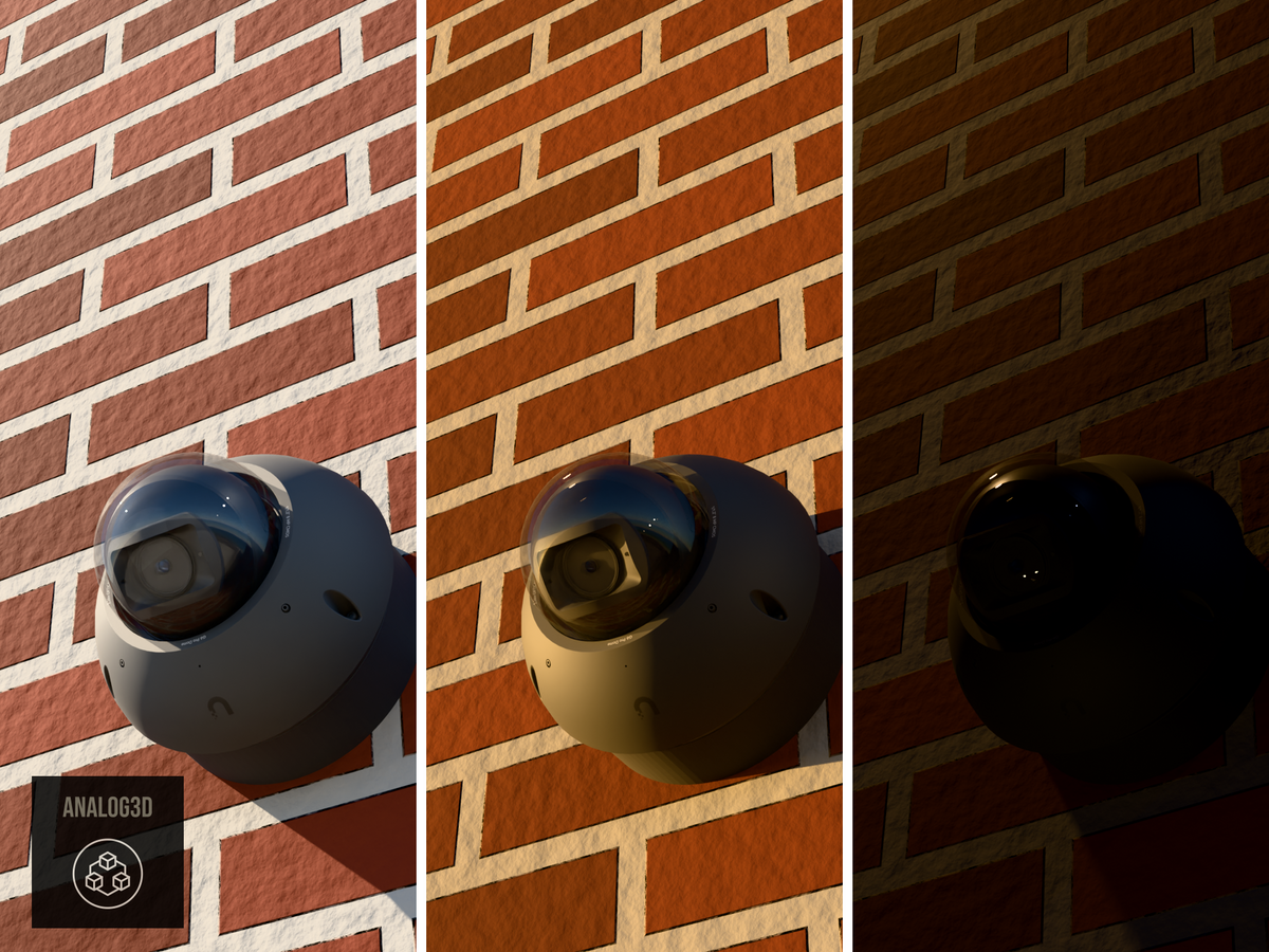 Ubiquiti UVC-G6-Pro-Dome on a heavy duty wall-ceiling mount, 1.5 inch extension, black PETG carbon fiber, installed on a brick wall - daylight, golden hour, and night