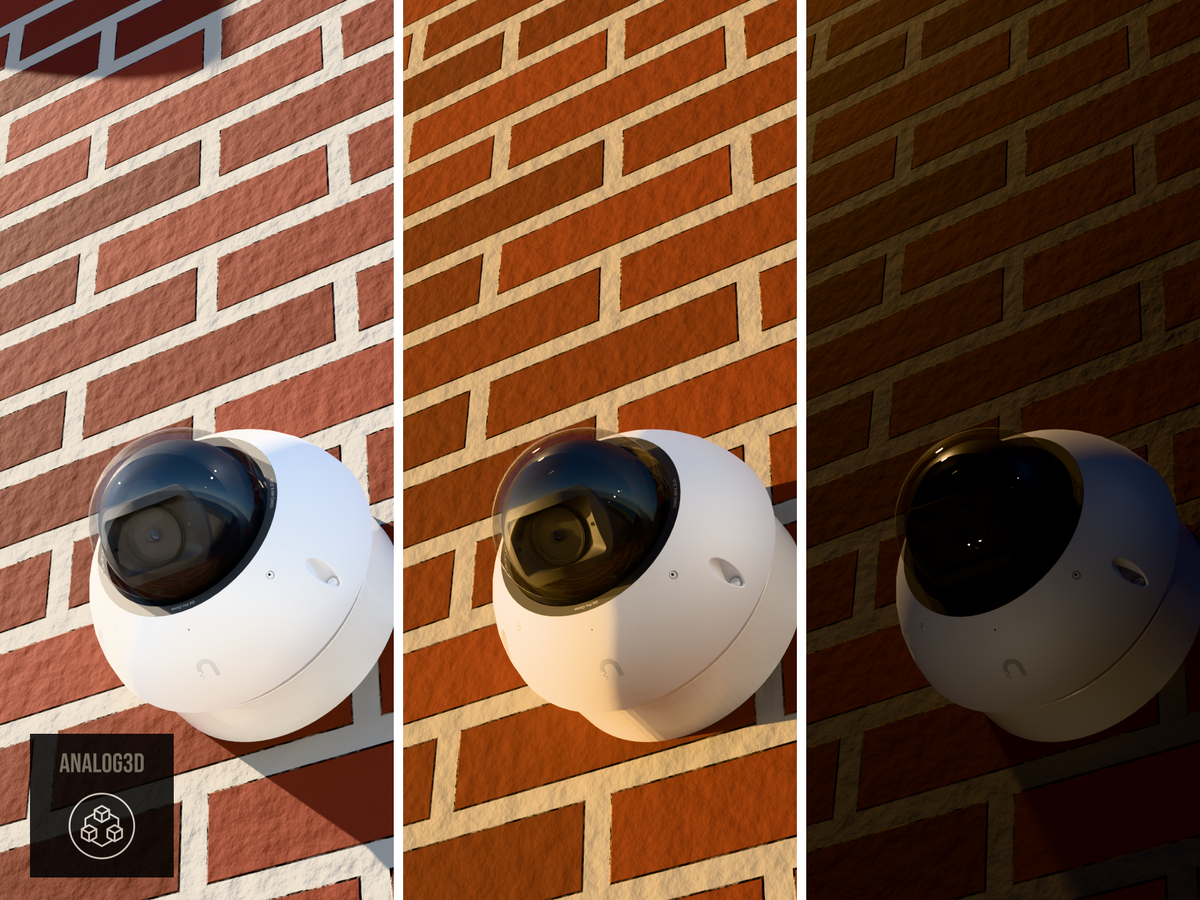 Ubiquiti UVC-G6-Pro-Dome on a heavy duty wall-ceiling mount, 1.5 inch extension, white PETG, installed on a brick wall - daylight, golden hour, and night