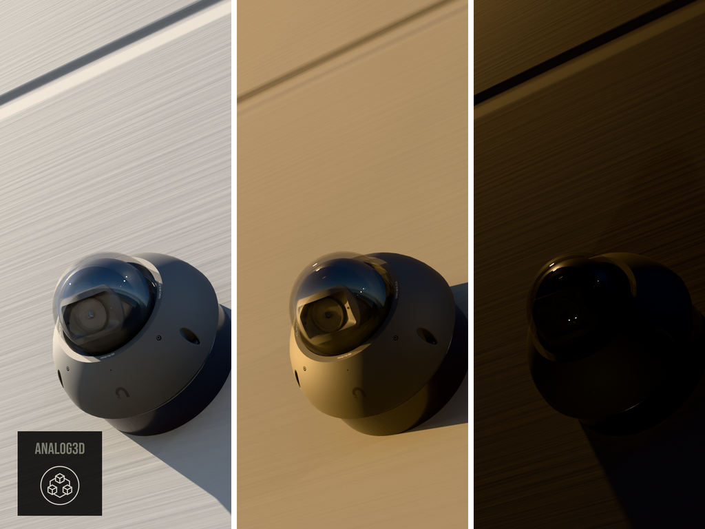 Ubiquiti UVC-G6-Pro-Dome on a heavy duty wall-ceiling mount, 1.5 inch extension, black PETG, installed on a concrete wall - daylight, golden hour, and night