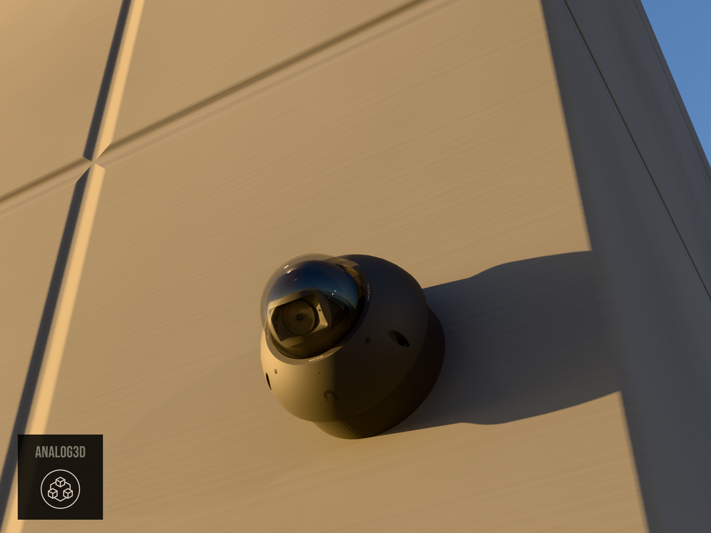 Ubiquiti UVC-G6-Pro-Dome black edition on black PETG carbon fiber heavy duty wall-ceiling mount on a concrete wall at golden hour