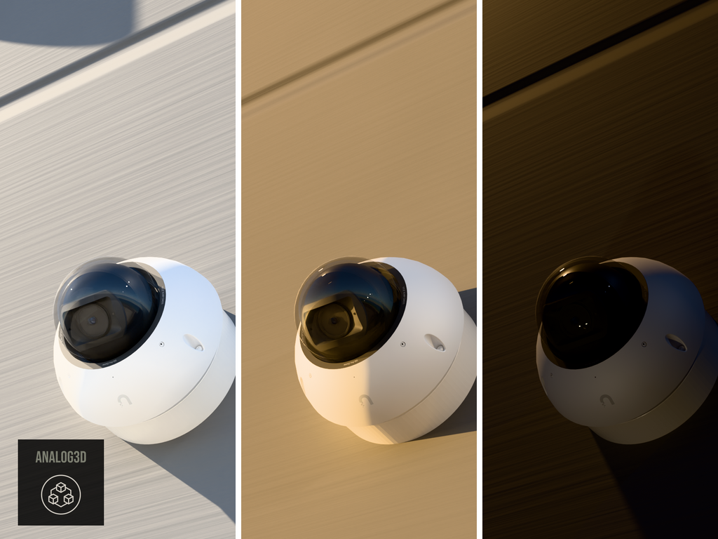 Ubiquiti UVC-G6-Pro-Dome on a heavy duty wall-ceiling mount, 1.5 inch extension, white PETG, installed on a concrete wall - daylight, golden hour, and night