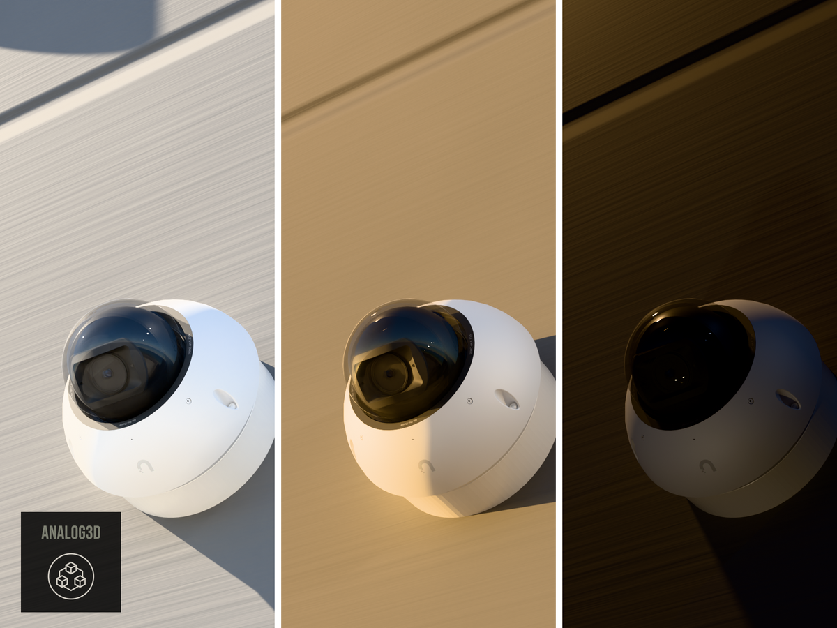 Ubiquiti UVC-G6-Pro-Dome on a heavy duty wall-ceiling mount, 1.5 inch extension, white PETG, installed on a concrete wall - daylight, golden hour, and night