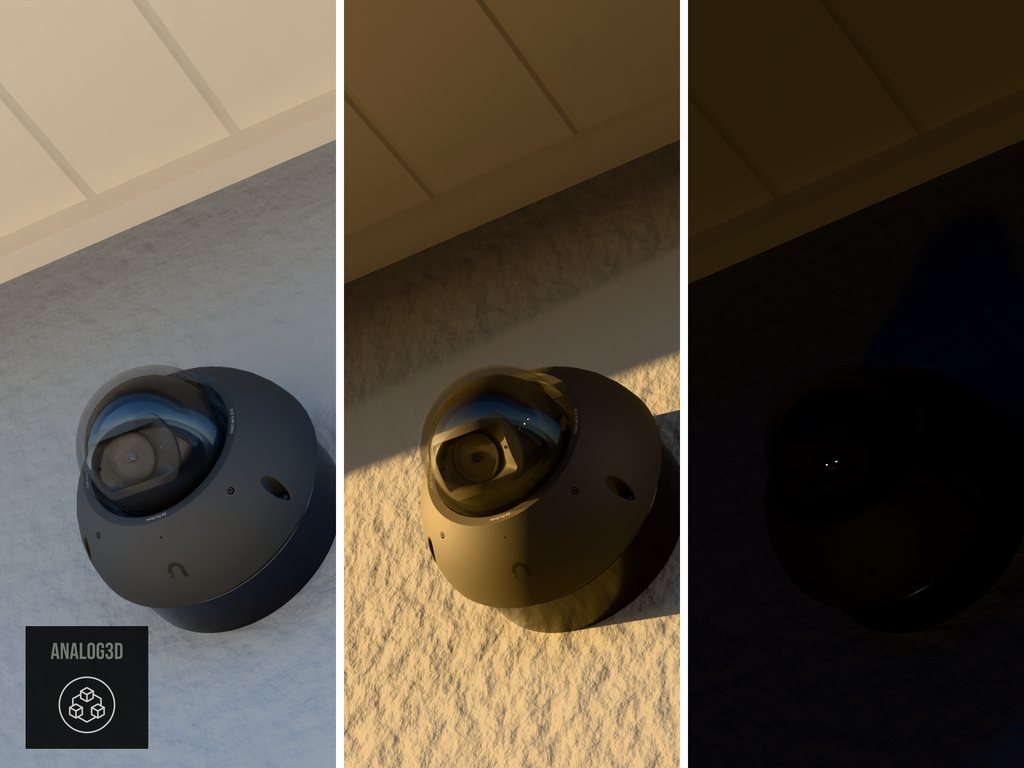 Ubiquiti UVC-G6-Pro-Dome on a heavy duty wall-ceiling mount, 1.5 inch extension, black PETG, installed on a stucco wall - daylight, golden hour, and night