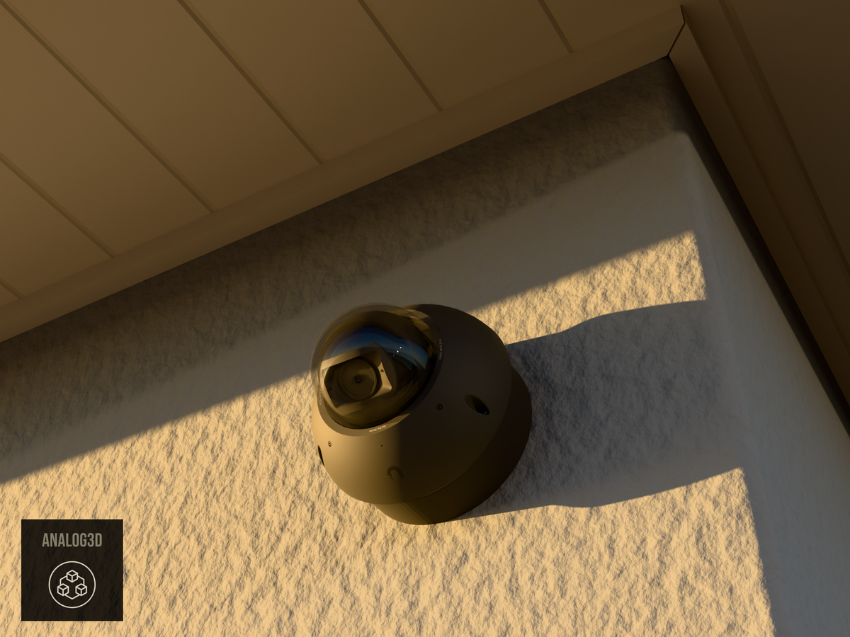 Ubiquiti UVC-G6-Pro-Dome black edition on black PETG carbon fiber heavy duty wall-ceiling mount on a stucco wall at golden hour