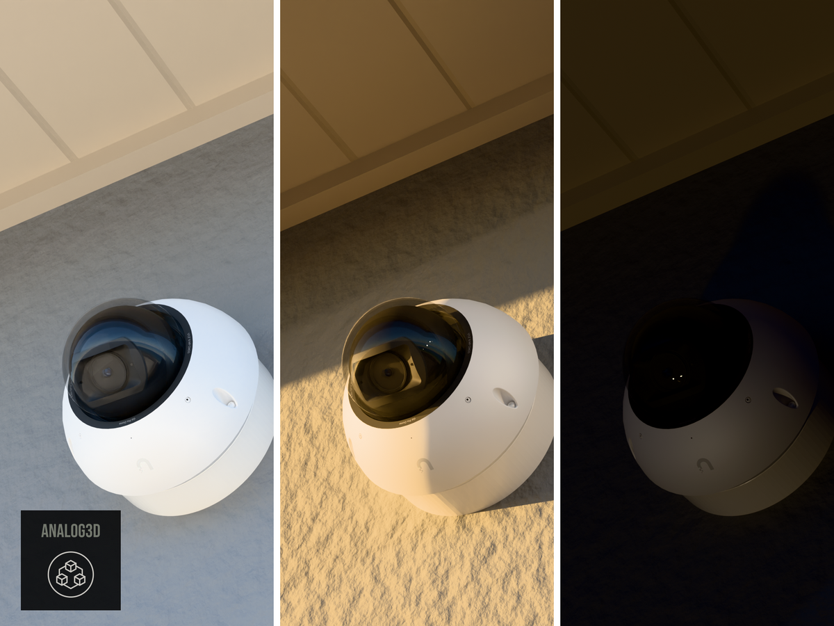 Ubiquiti UVC-G6-Pro-Dome on a heavy duty wall-ceiling mount, 1.5 inch extension, white PETG, installed on a stucco wall - daylight, golden hour, and night