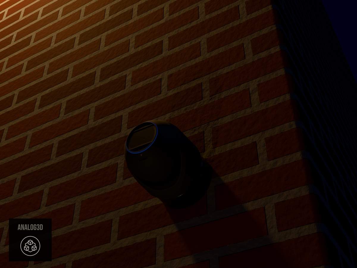 Ubiquiti UVC-G6-Pro-Turret black edition on black PETG heavy duty wall-ceiling mount on a brick wall at night