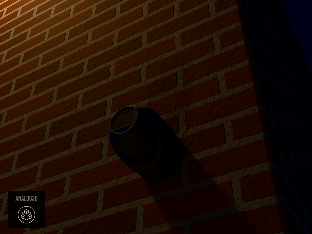 Ubiquiti UVC-G6-Pro-Turret black edition on black PETG carbon fiber heavy duty wall-ceiling mount on a brick wall at night