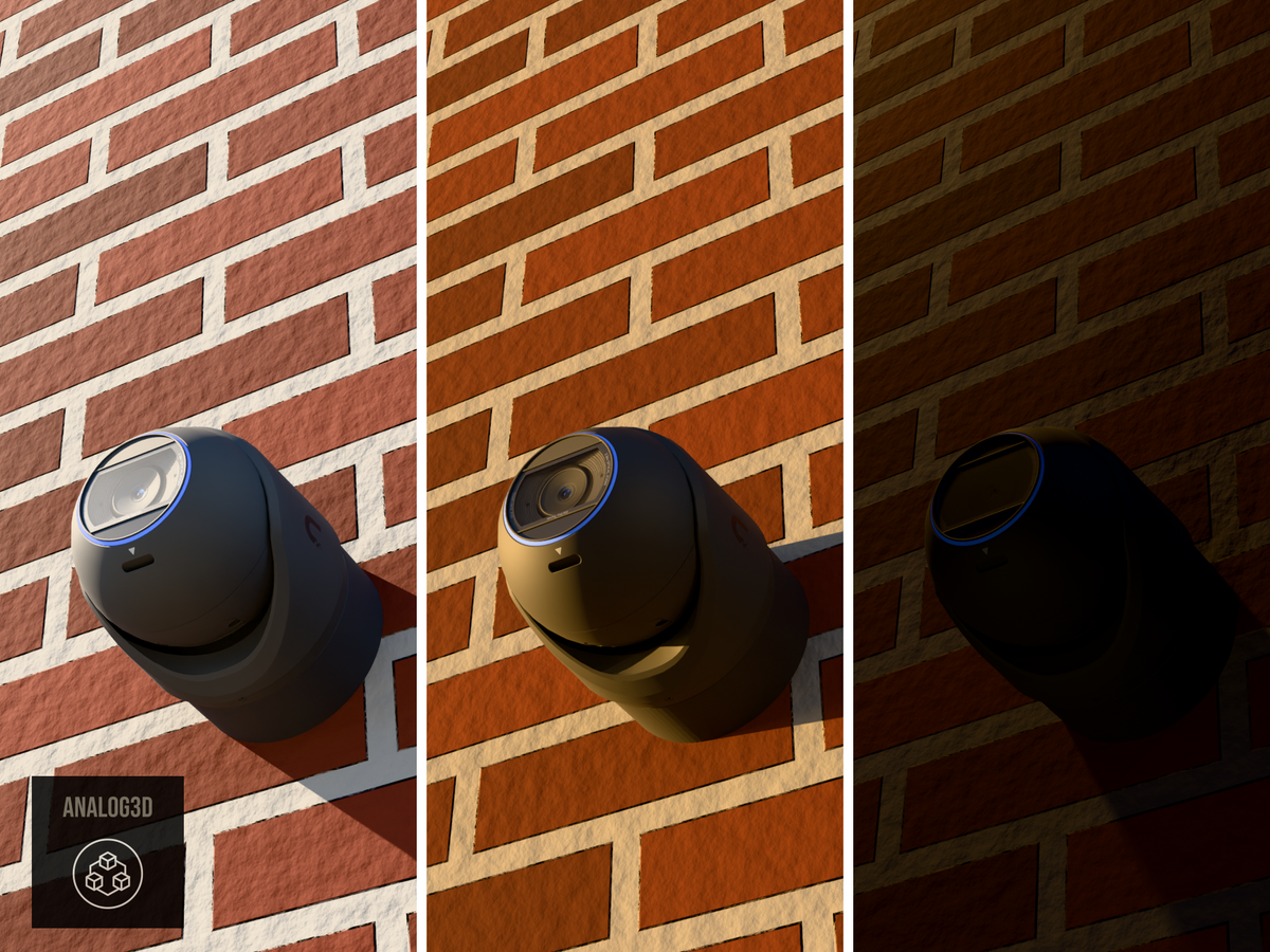 Ubiquiti UVC-G6-Pro-Turret on a heavy duty wall-ceiling mount, 1.5 inch extension, black PETG carbon fiber, installed on a brick wall - daylight, golden hour, and night
