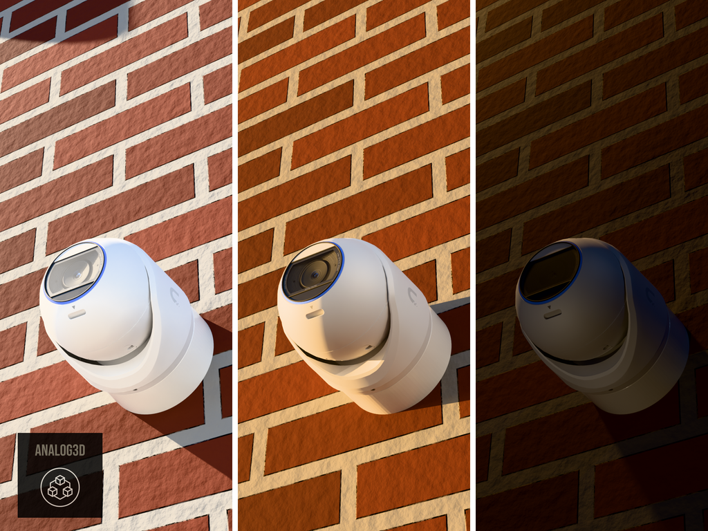 Ubiquiti UVC-G6-Pro-Turret on a heavy duty wall-ceiling mount, 1.5 inch extension, white PETG, installed on a brick wall - daylight, golden hour, and night