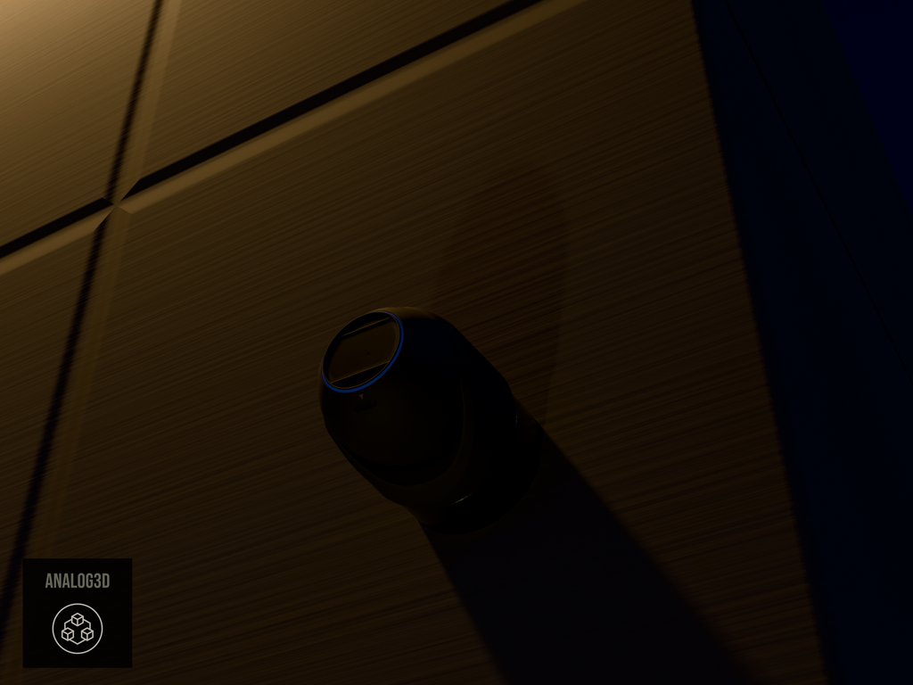 Ubiquiti UVC-G6-Pro-Turret black edition on black PETG heavy duty wall-ceiling mount on a concrete wall at night