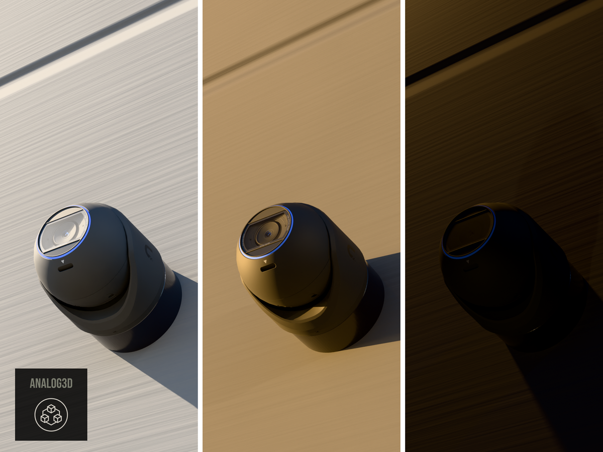 Ubiquiti UVC-G6-Pro-Turret on a heavy duty wall-ceiling mount, 1.5 inch extension, black PETG, installed on a concrete wall - daylight, golden hour, and night