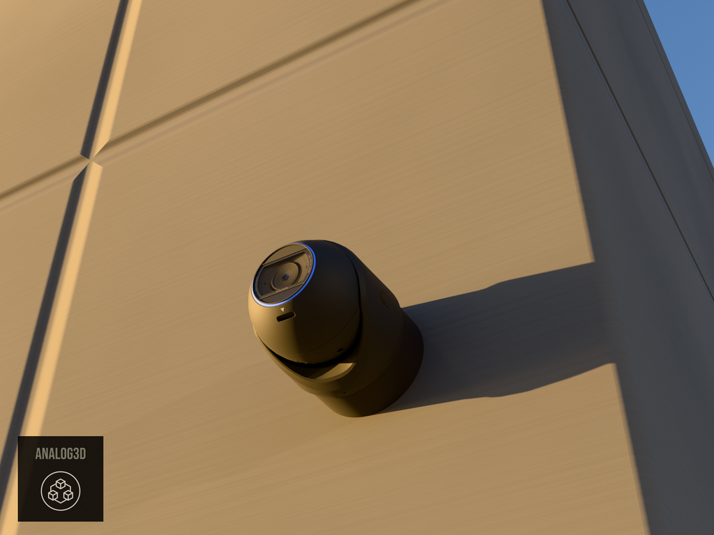 Ubiquiti UVC-G6-Pro-Turret black edition on black PETG carbon fiber heavy duty wall-ceiling mount on a concrete wall at golden hour