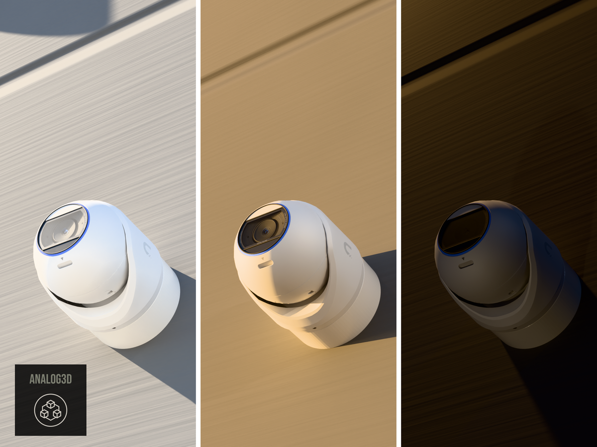 Ubiquiti UVC-G6-Pro-Turret on a heavy duty wall-ceiling mount, 1.5 inch extension, white PETG, installed on a concrete wall - daylight, golden hour, and night