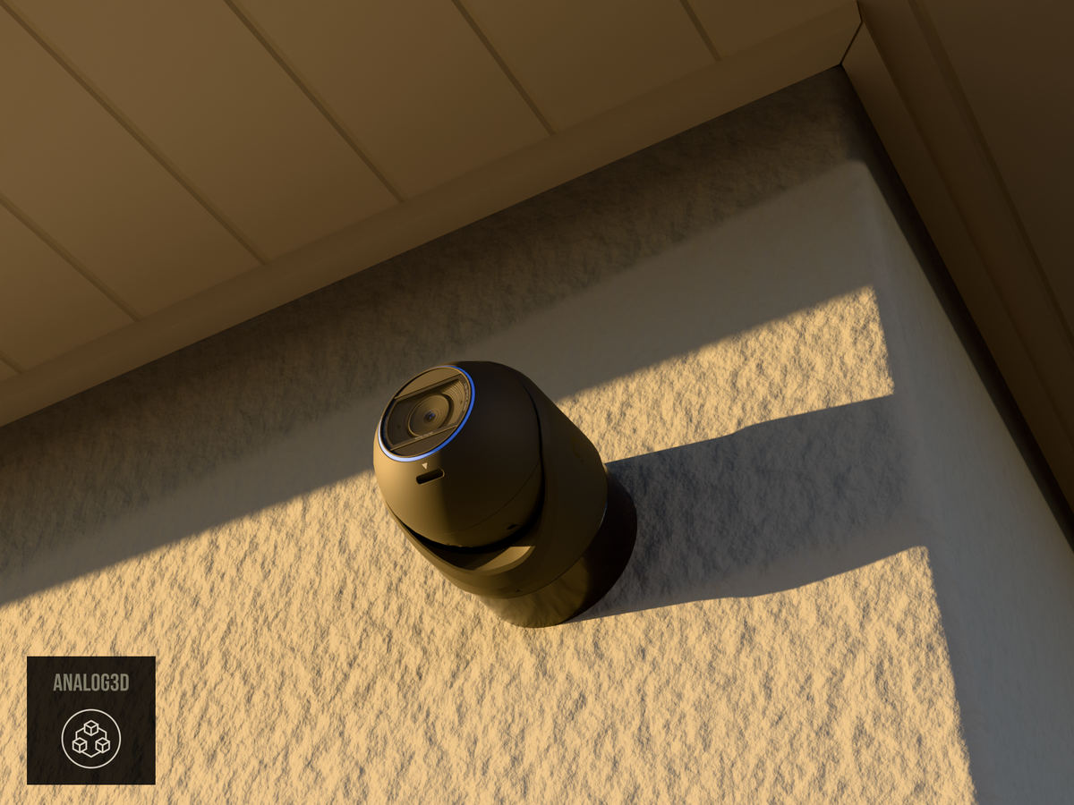 Ubiquiti UVC-G6-Pro-Turret black edition on black PETG heavy duty wall-ceiling mount on a stucco wall at golden hour