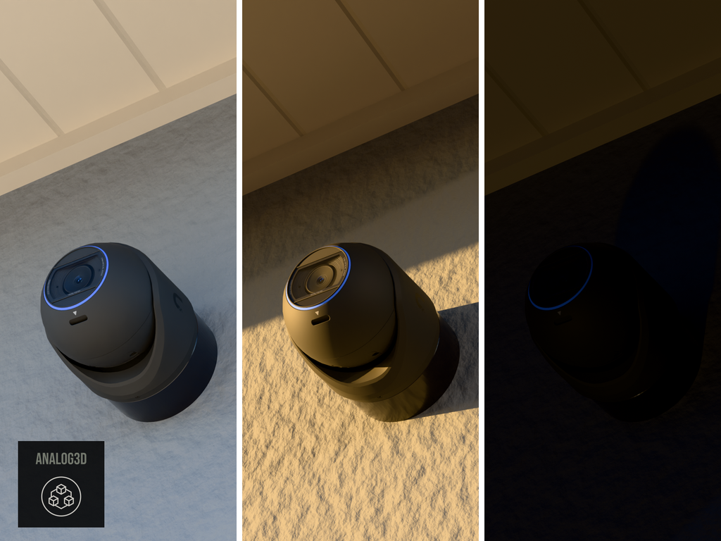 Ubiquiti UVC-G6-Pro-Turret on a heavy duty wall-ceiling mount, 1.5 inch extension, black PETG, installed on a stucco wall - daylight, golden hour, and night