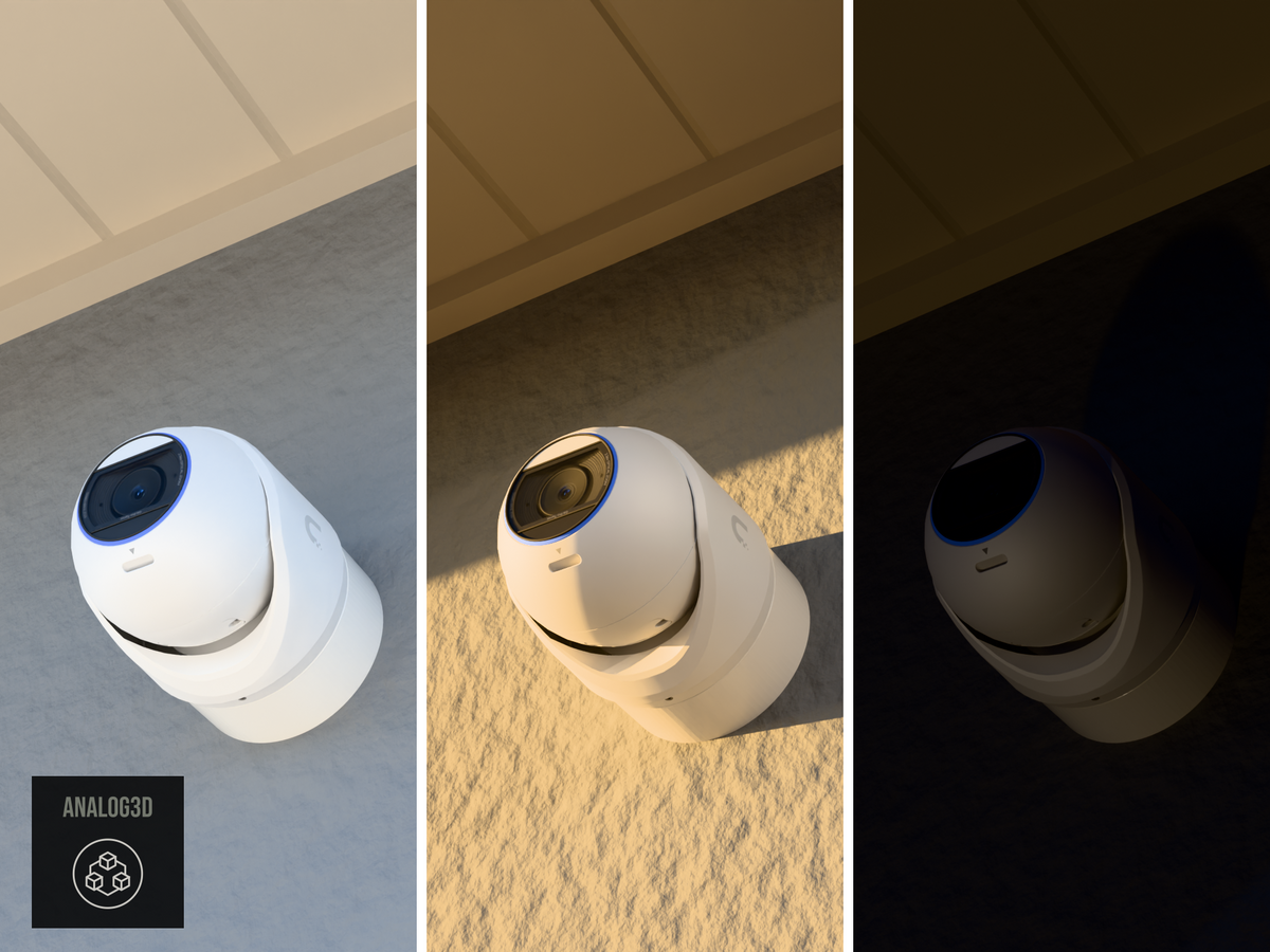 Ubiquiti UVC-G6-Pro-Turret on a heavy duty wall-ceiling mount, 1.5 inch extension, white PETG, installed on a stucco wall - daylight, golden hour, and night