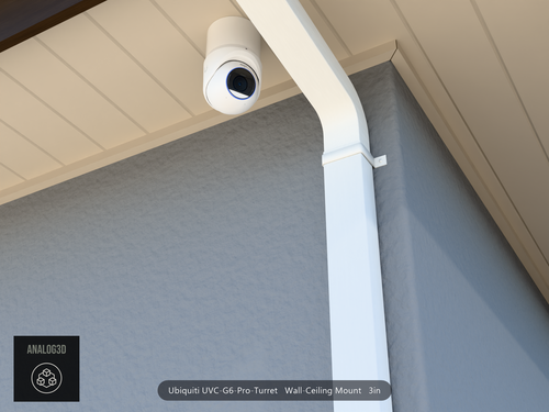 UVC-G6-Pro-Turret wall-ceiling mount (3in ext3) hung from the soffit beside a swan-neck downspout