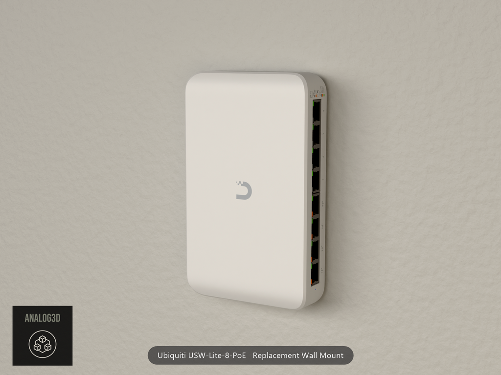Ubiquiti USW-Lite-8-PoE on its replacement stock wall mount, installed on drywall - Black OPM