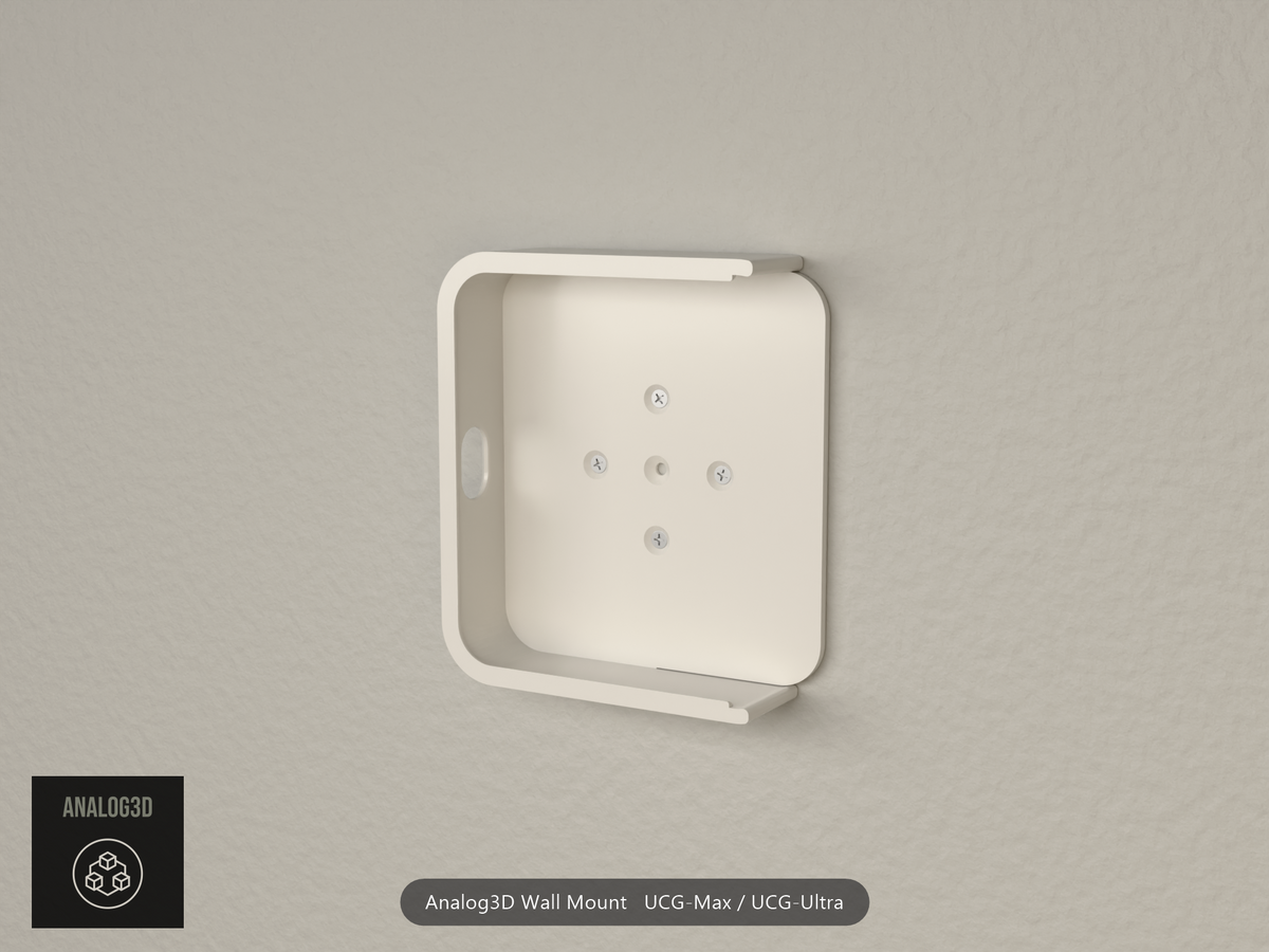 Analog3D wall mount cradle for the UCG-Max and UCG-Ultra screwed to drywall, router removed - White PETG