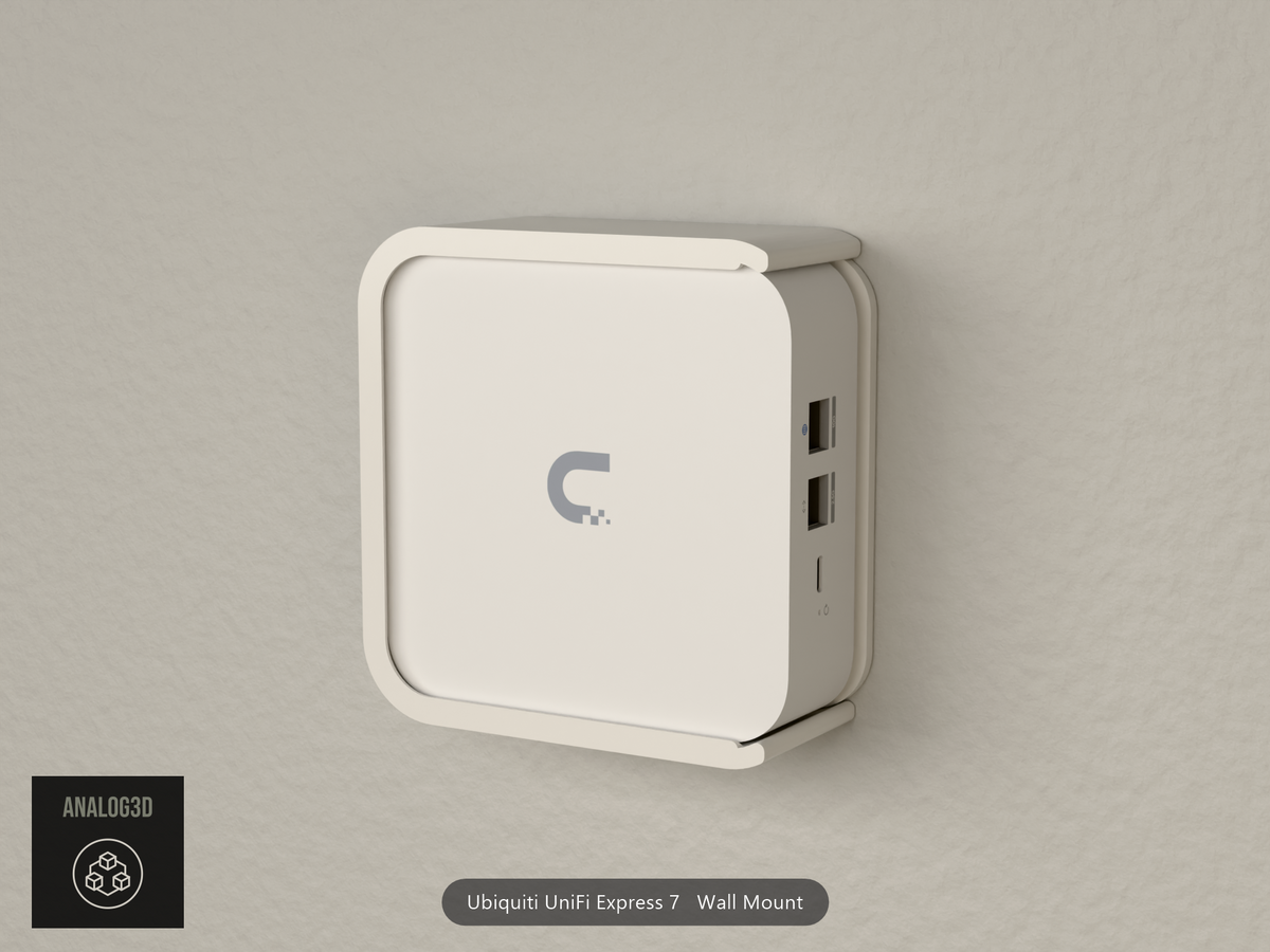 Ubiquiti UniFi Express 7 in its wall mount cradle on drywall, ports to the right - White PETG