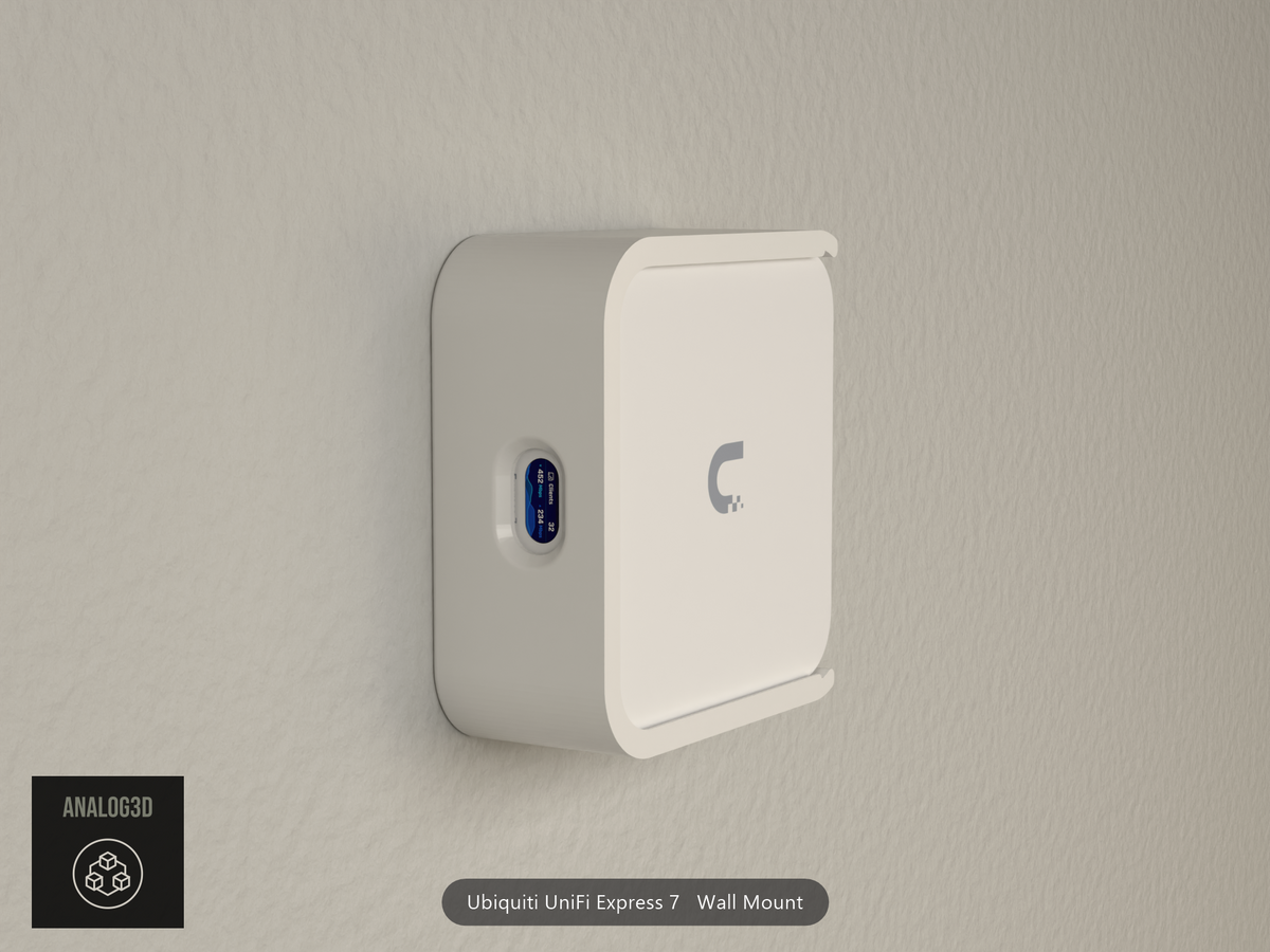 Ubiquiti UniFi Express 7 in its wall mount cradle, screen visible through the front window - White PETG