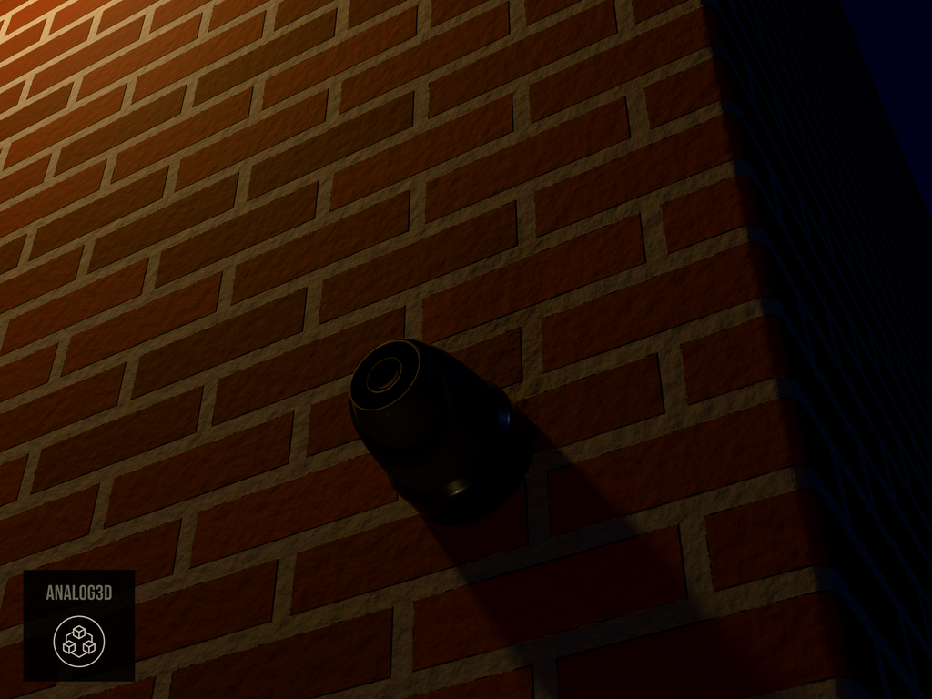 Ubiquiti UVC-G5-Turret-Ultra on black PETG wall-ceiling mount on a brick wall at night