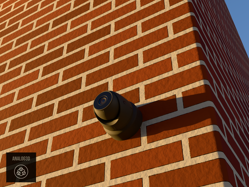 Ubiquiti UVC-G5-Turret-Ultra on black PETG carbon fiber wall-ceiling mount on a brick wall at golden hour