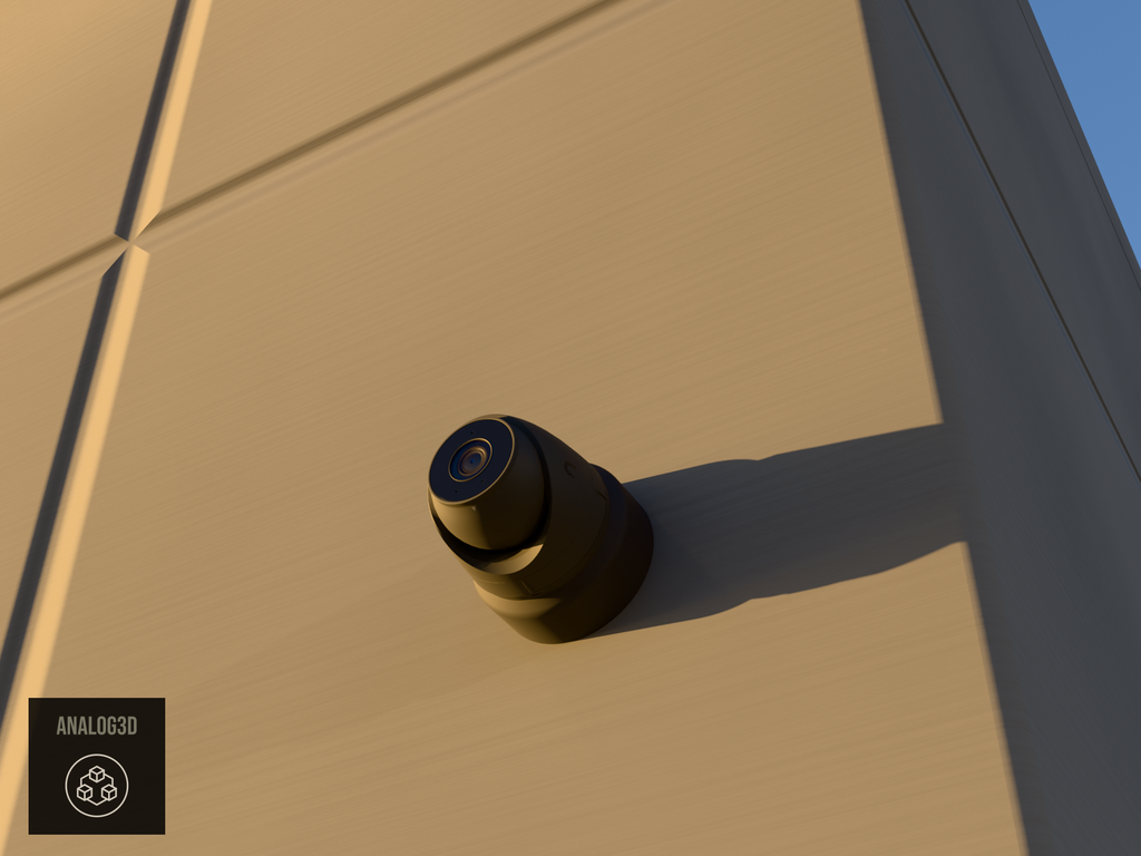 Ubiquiti UVC-G5-Turret-Ultra on black PETG carbon fiber wall-ceiling mount on a concrete wall at golden hour