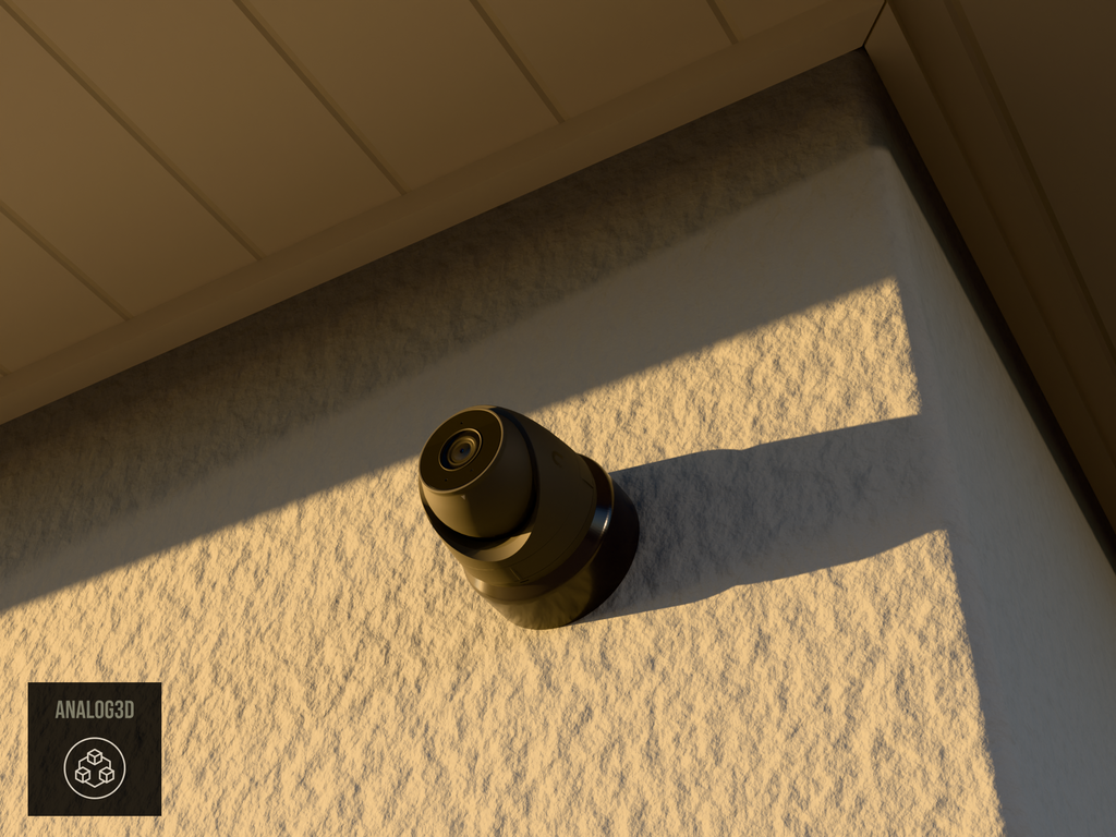 Ubiquiti UVC-G5-Turret-Ultra on black PETG wall-ceiling mount on a stucco wall at golden hour