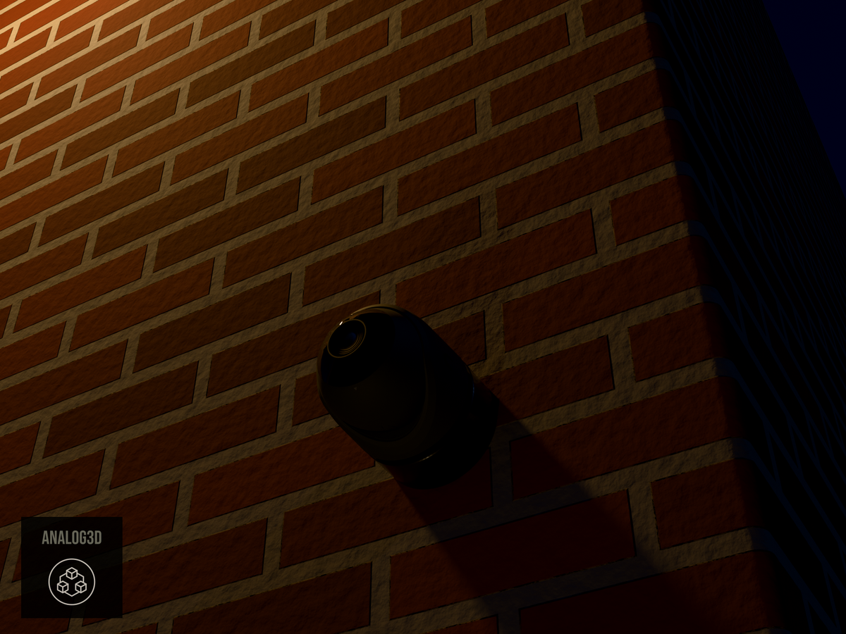 Ubiquiti UVC-G6-Turret on black PETG wall-ceiling mount on a brick wall at night