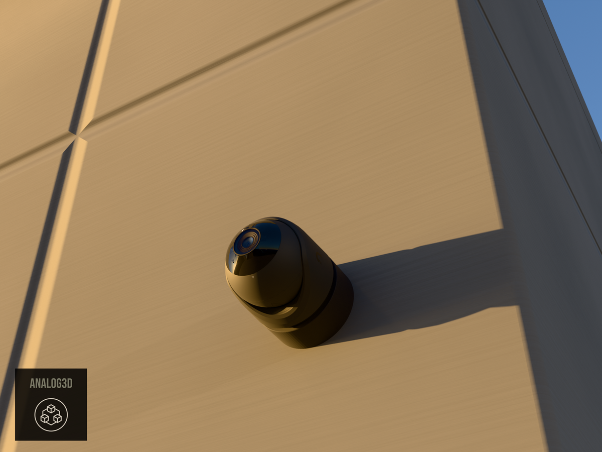 Ubiquiti UVC-G6-Turret on black PETG carbon fiber wall-ceiling mount on a concrete wall at golden hour