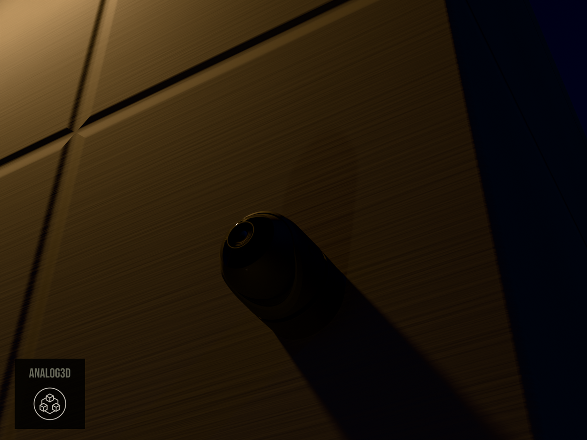 Ubiquiti UVC-G6-Turret on black PETG carbon fiber wall-ceiling mount on a concrete wall at night