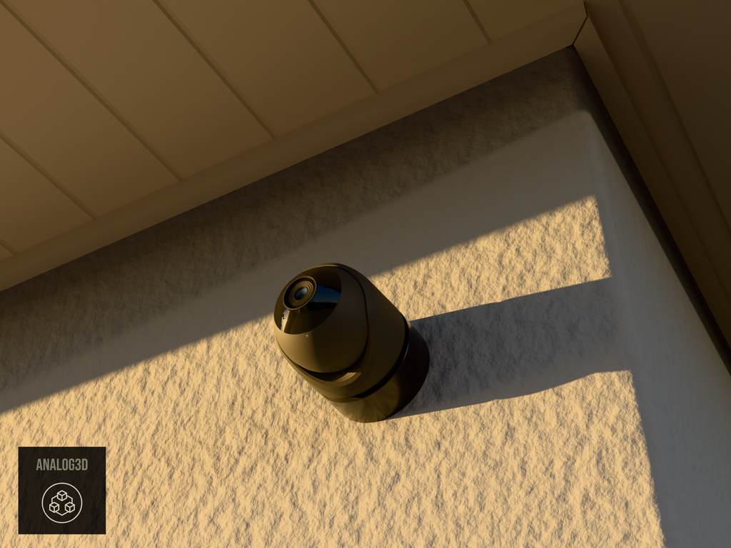 Ubiquiti UVC-G6-Turret on black PETG wall-ceiling mount on a stucco wall at golden hour